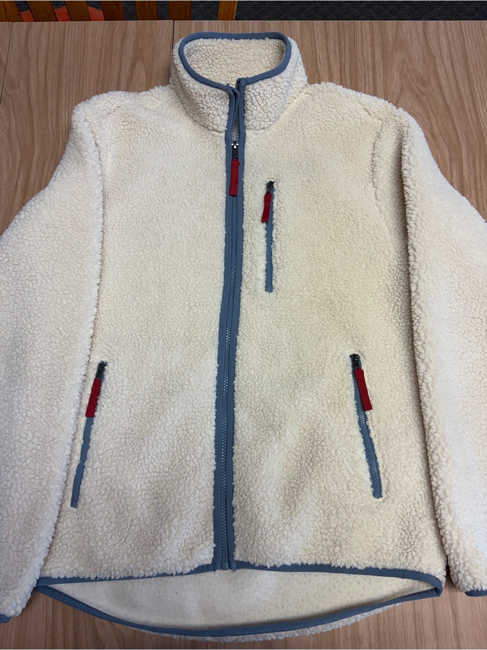 George Cream Sherpa Fleece Jacket with Blue Trim and Red Zips